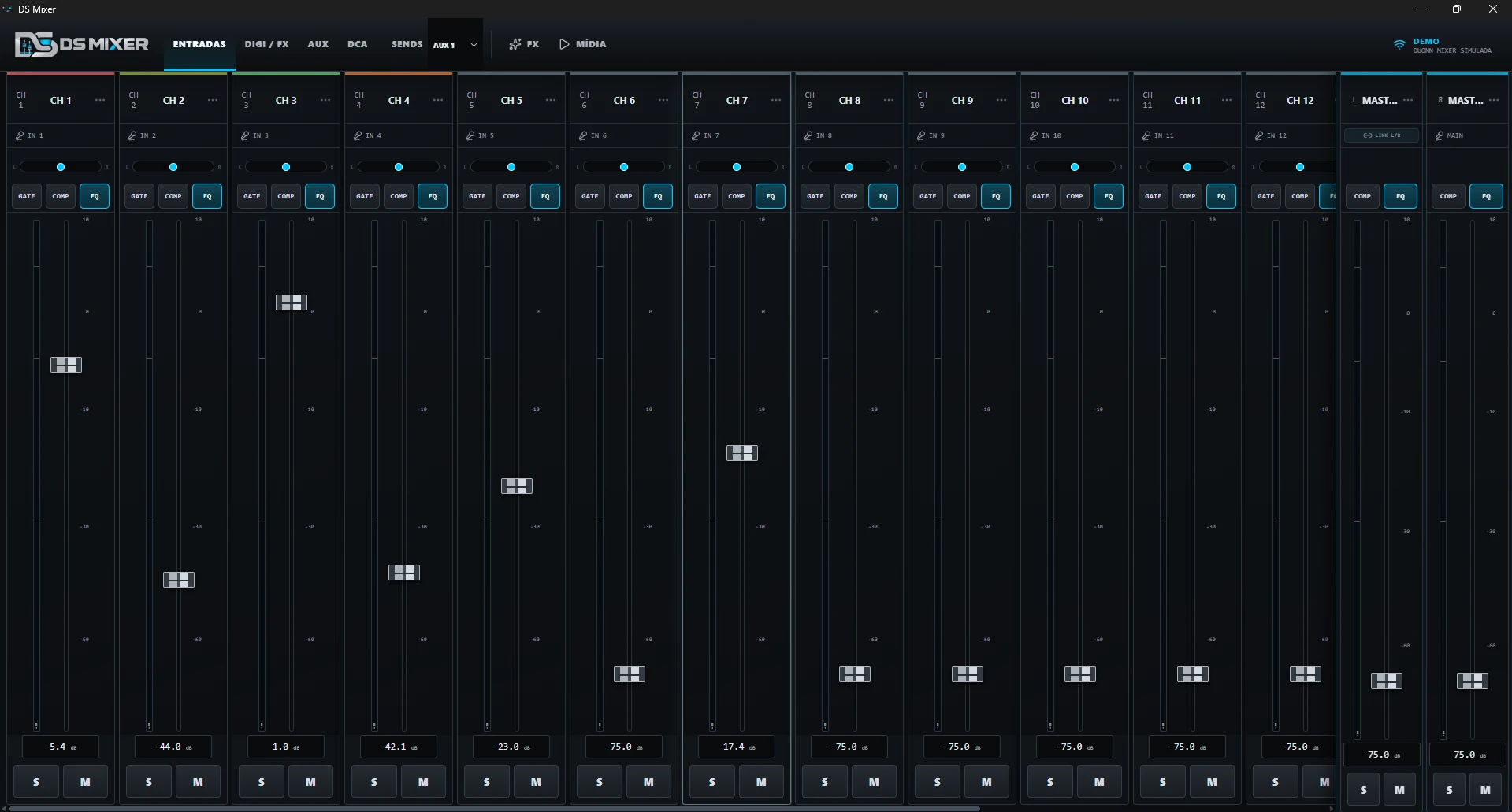 Interface real do DS Mixer em execução no Windows, com canais, faders, processamento e masters da mesa Duonn